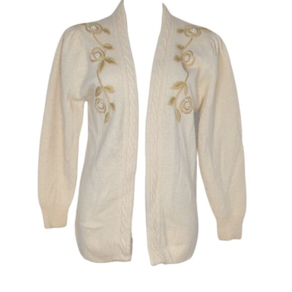 VTG Lambswool Angora Cream Beaded Floral Embroidery Open Front Cardigan Sweater - Picture 1 of 9